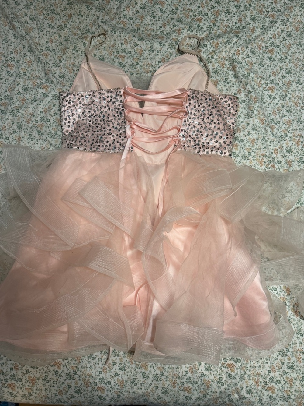 Blush Pink Sequined Spaghetti Strap Prom Dress - Picture 2 of 3